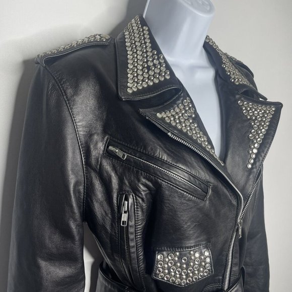 Vintage 80s/90s LA ROXX Black Studded Leather Belted Motorcycle Jacket - Picture 4 of 11